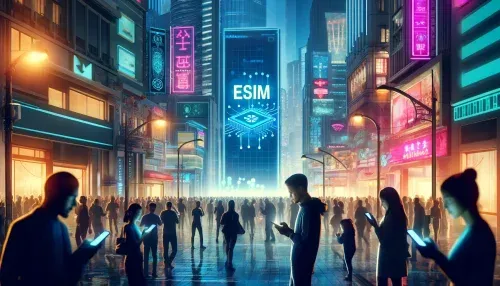 Futuristic city with people using eSIM smartphones