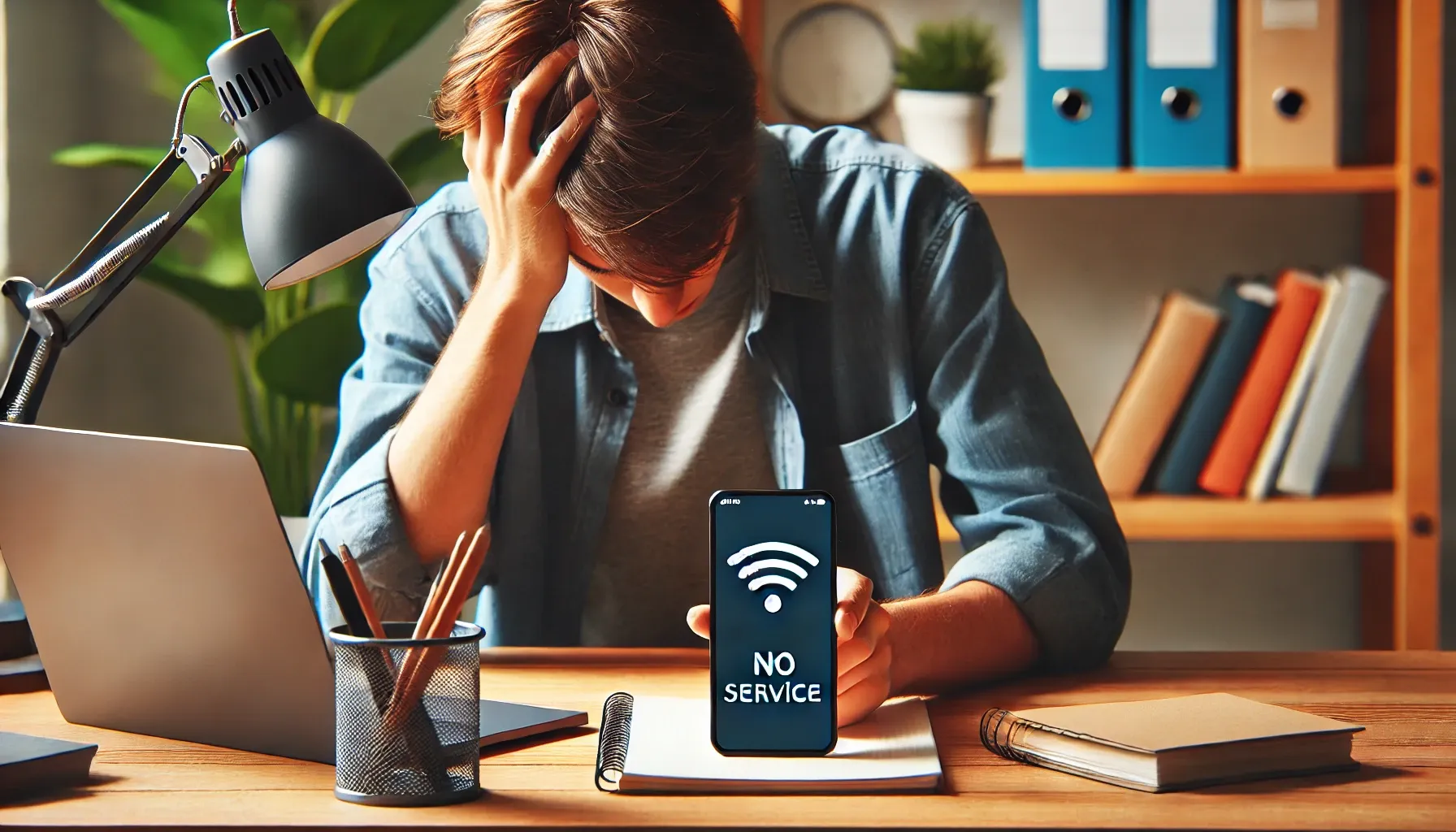DALL·E-2024-07-04-13.10.21-A-frustrated-user-sitting-at-a-desk-with-a-smartphone-displaying-a-No-Service-message-on-the-screen.-The-user-is-holding-their-head-in-one-hand-sho-1024x585.webp