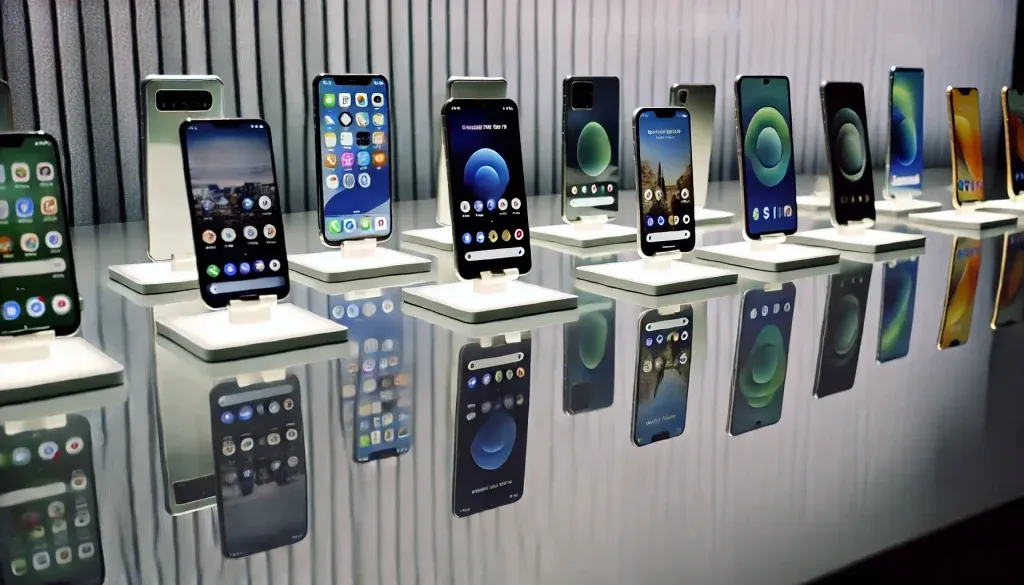 A-lineup-of-various-smartphones-displayed-on-a-clean-reflective