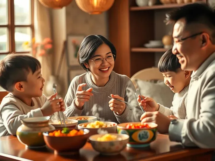 朝食を食べる素敵な中国の家族