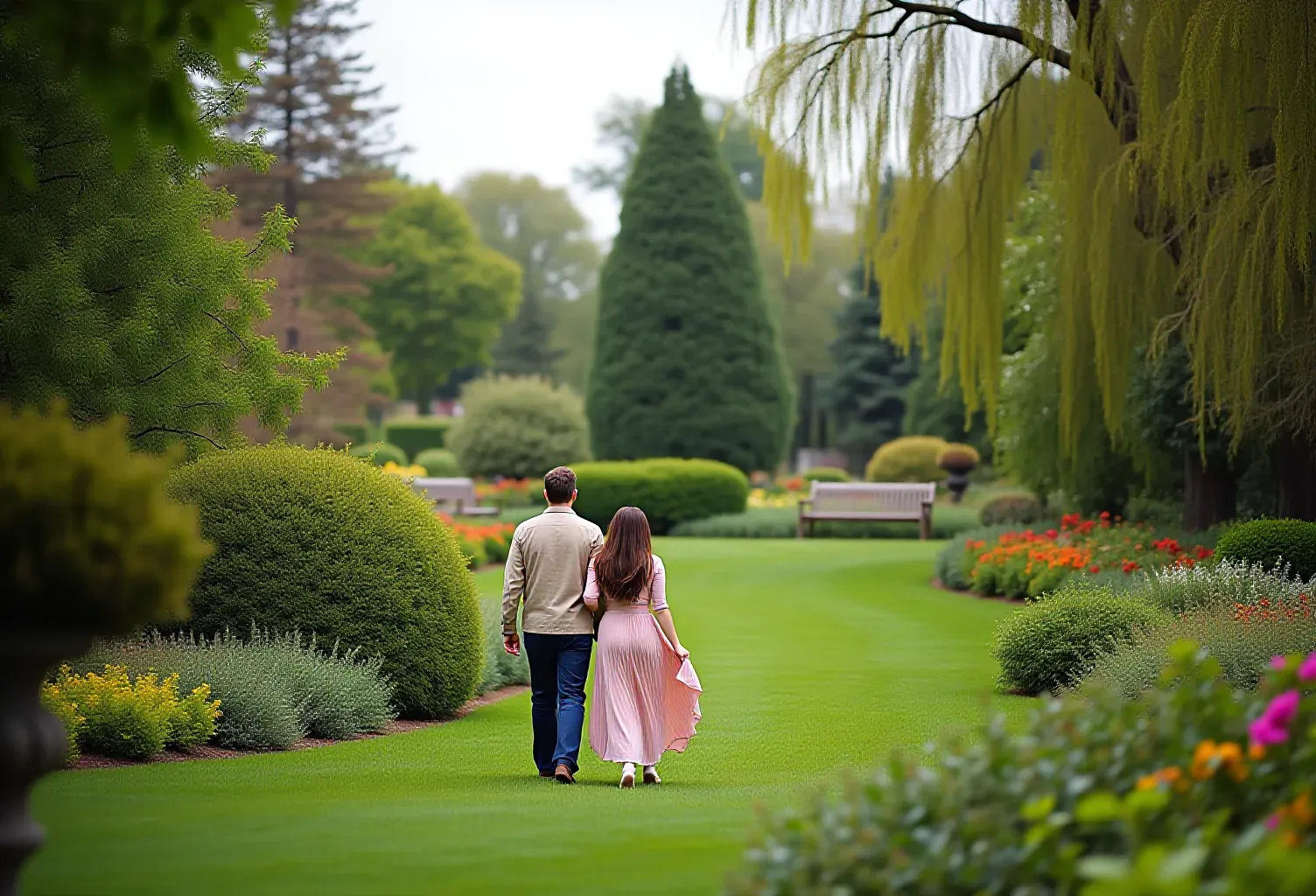 couple walking botanical garden