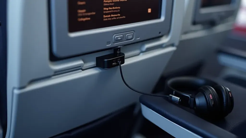 Bluetooth adapter connecting headphones to in-flight entertainment