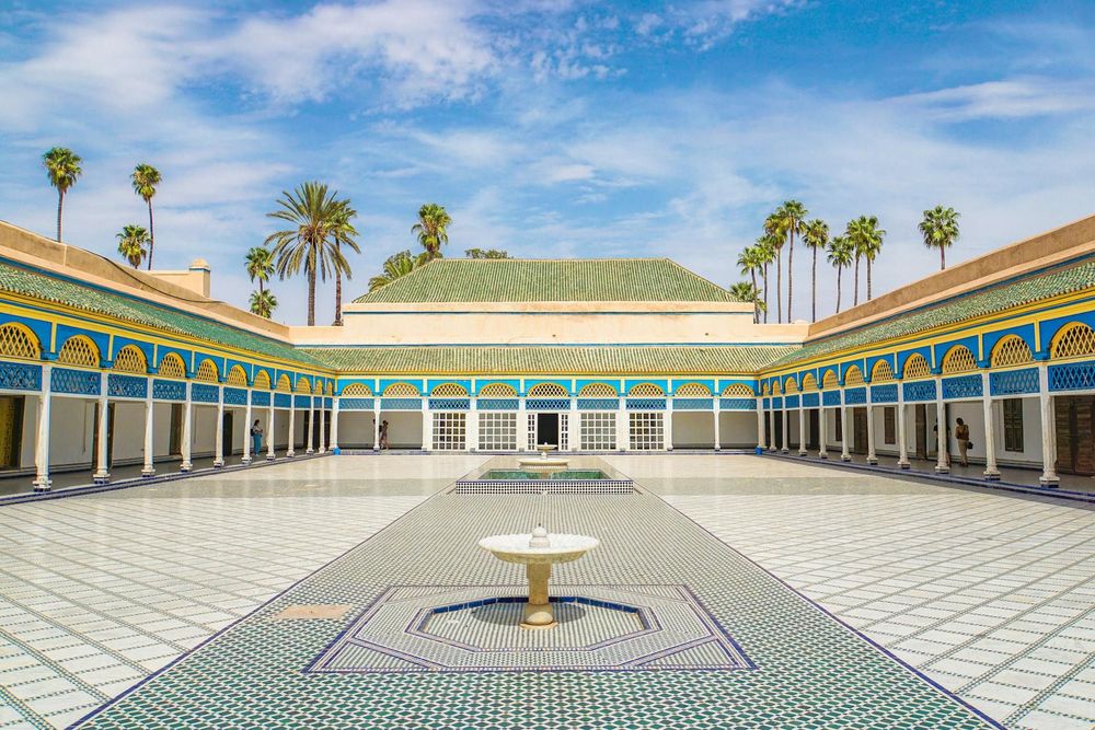 The Bahia Palace features carved tilework in much detail, carved stucco, stained glass in color, and cedarwood ceilings