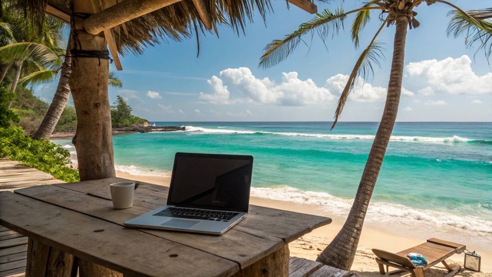 Digital nomad setup on an Australian beach, perfect for remote work