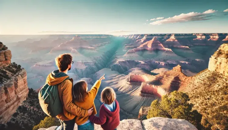 Family viewing the Grand Canyon with kids from Mather Point