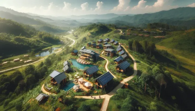 Eco-friendly resort in lush greenery showcasing sustainable travel.