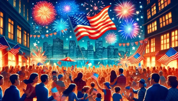 Celebrating America's Birthday with fireworks and flags.