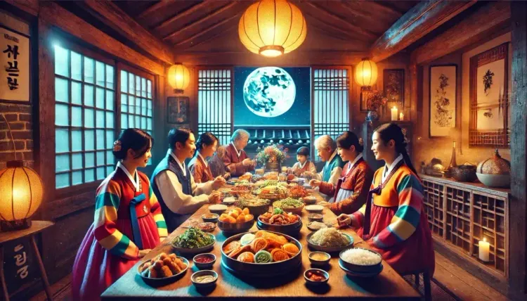 Mooncake festival, celebration in Korea with traditional foods and family reunions.