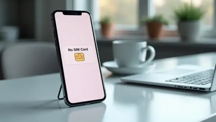 iPhone displaying 'No SIM Card' error on a desk