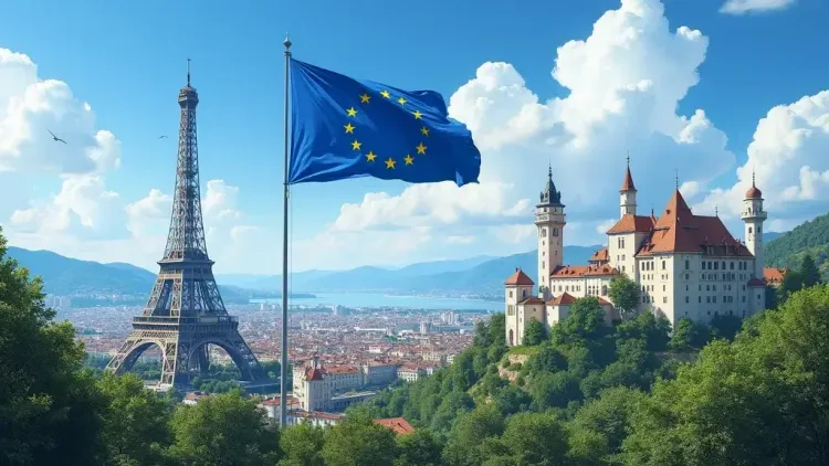 Famous European landmarks including the Eiffel Tower and Neuschwanstein Castle, interesting European facts