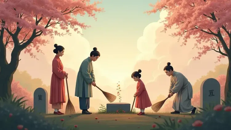 Family performing tomb-sweeping