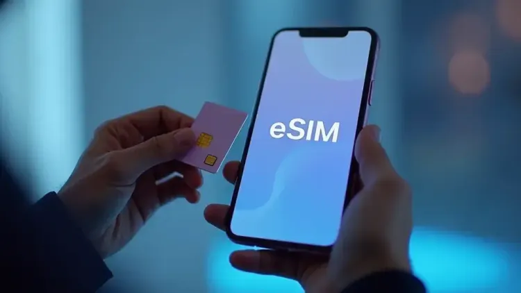 eSIM and SIM card comparison with a smartphone, showcasing esim replacement cost