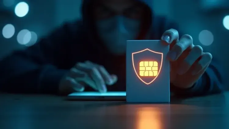 eSIM device with security shield, highlighting safety against SIM swap attacks.