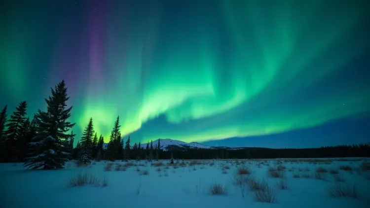 northern lights Calgary over snowy field and pine trees