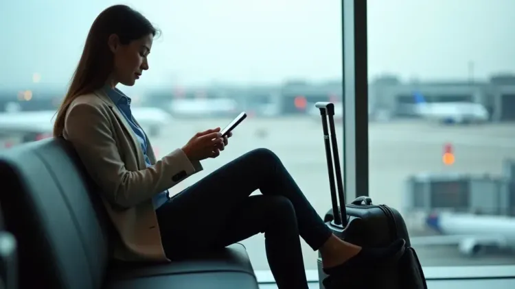 Traveler managing SIM card options in an airport