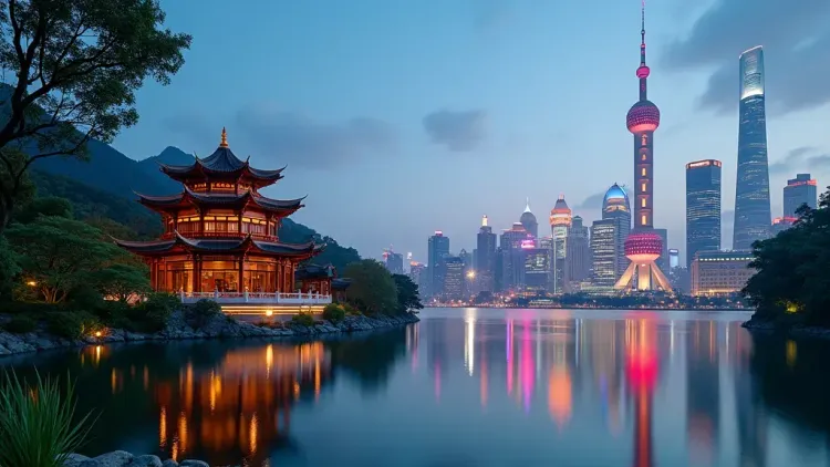 Contrast of ancient Chinese pagoda and modern Shanghai skyline, representing the blend of tradition and innovation in China