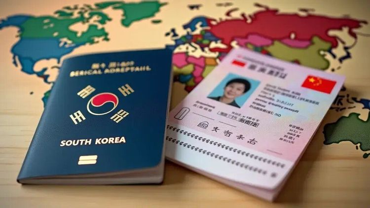 South Korean passport and Chinese visa on a table, symbolizing travel between South Korea and China