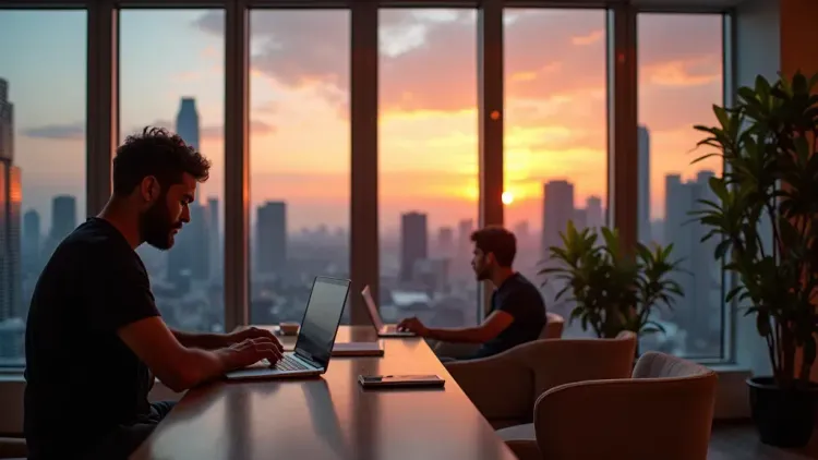 Digital nomad working in Bangkok coworking space with skyline view