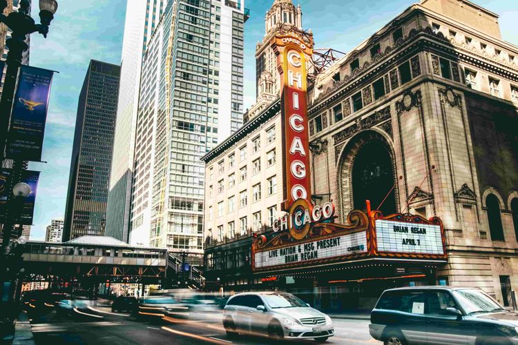 Close-up of the Chicago Theatre's illuminated marquee