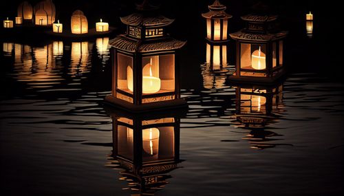 In Obon Festival in Japan, floating lanterns guide spirits home