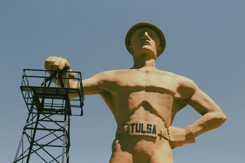 the Golden Driller stands close to the Tulsa Expo Square and the fairgrounds.