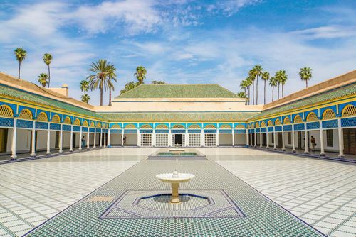 The Bahia Palace features carved tilework in much detail, carved stucco, stained glass in color, and cedarwood ceilings