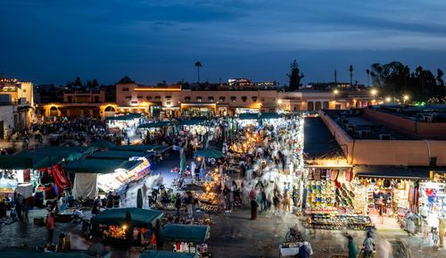 Jemaa el-Fna Square is located at the center of Marrakech Medina, lined with souks, cafes, or monuments