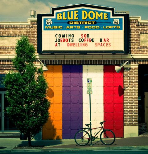 The Blue Dome District is located at 2nd and Elgin Ave, downtown Tulsa.