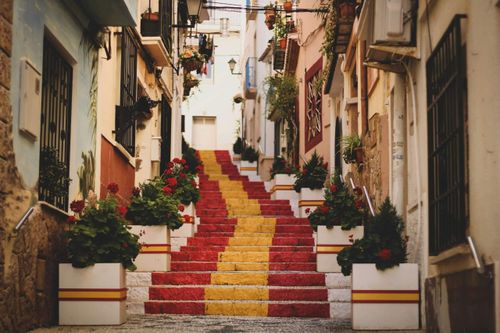 Red, yellow and white concrete stairs